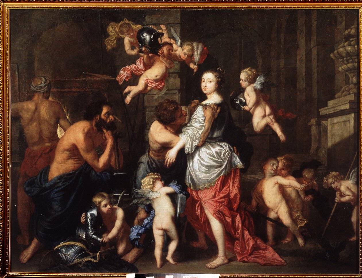 维纳斯 (阿佛洛狄忒) 拜访瓦肯 (赫菲斯托斯) (The Visit of Venus to Vulcan)。 彼得·蒂斯（Pieter Thies，1624-1677 或 1679）的绘画。 布面油画 作者 彼得蒂斯