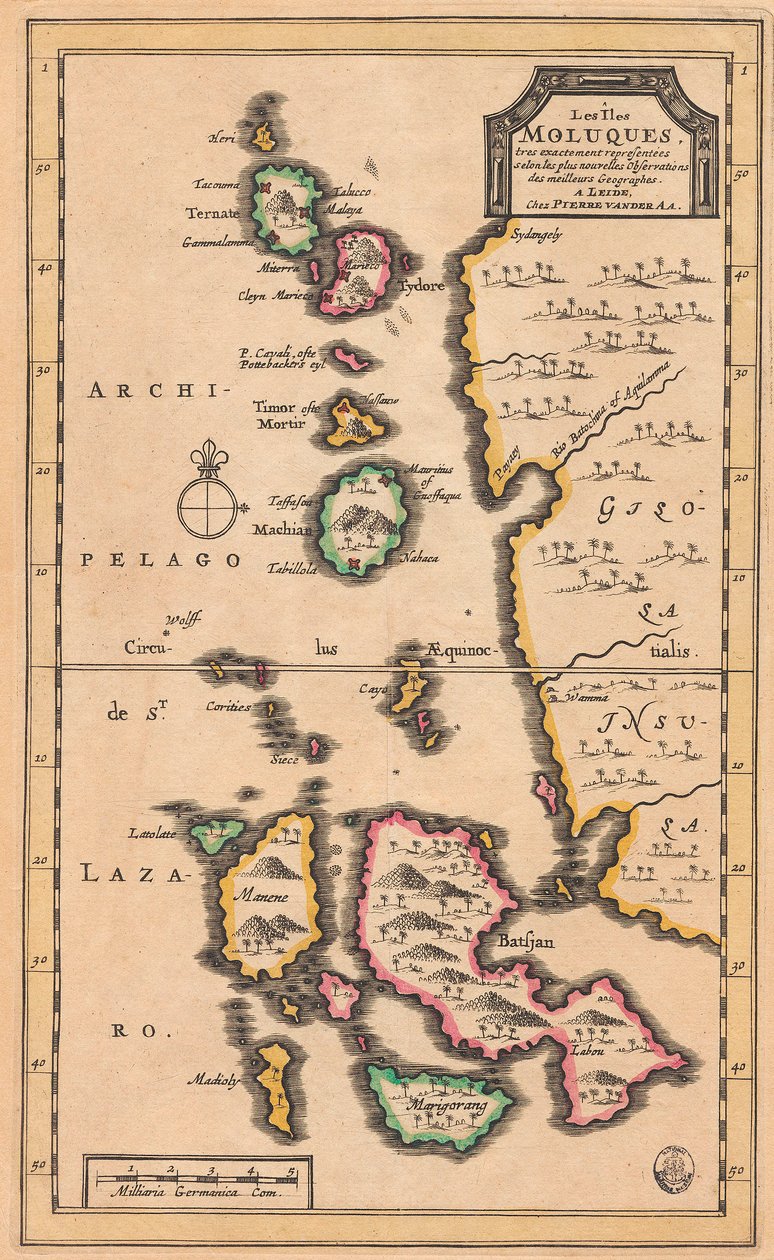 摩鹿加群岛（现代印度尼西亚）地图，约 1707 年（彩色版画） 作者 彼得·范德阿