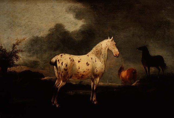 有斑驳灰马的风景，约1670年（油画板）。 作者 Pieter Wouwermans或Wouwerman