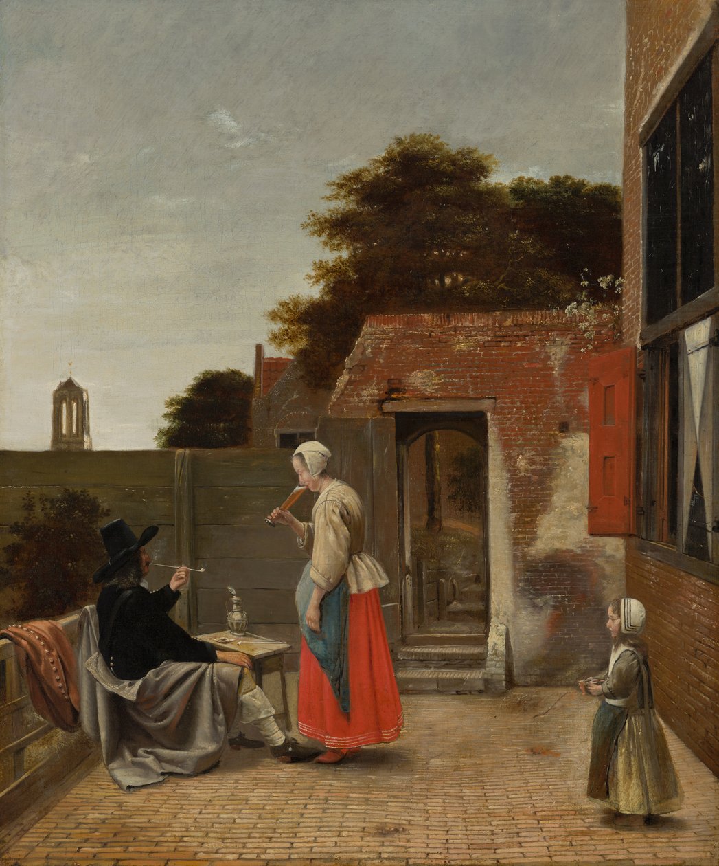 1658-60年，一个男人抽烟和一个女人在院子里喝酒 作者 彼得·霍克（Pieter de Hooch）