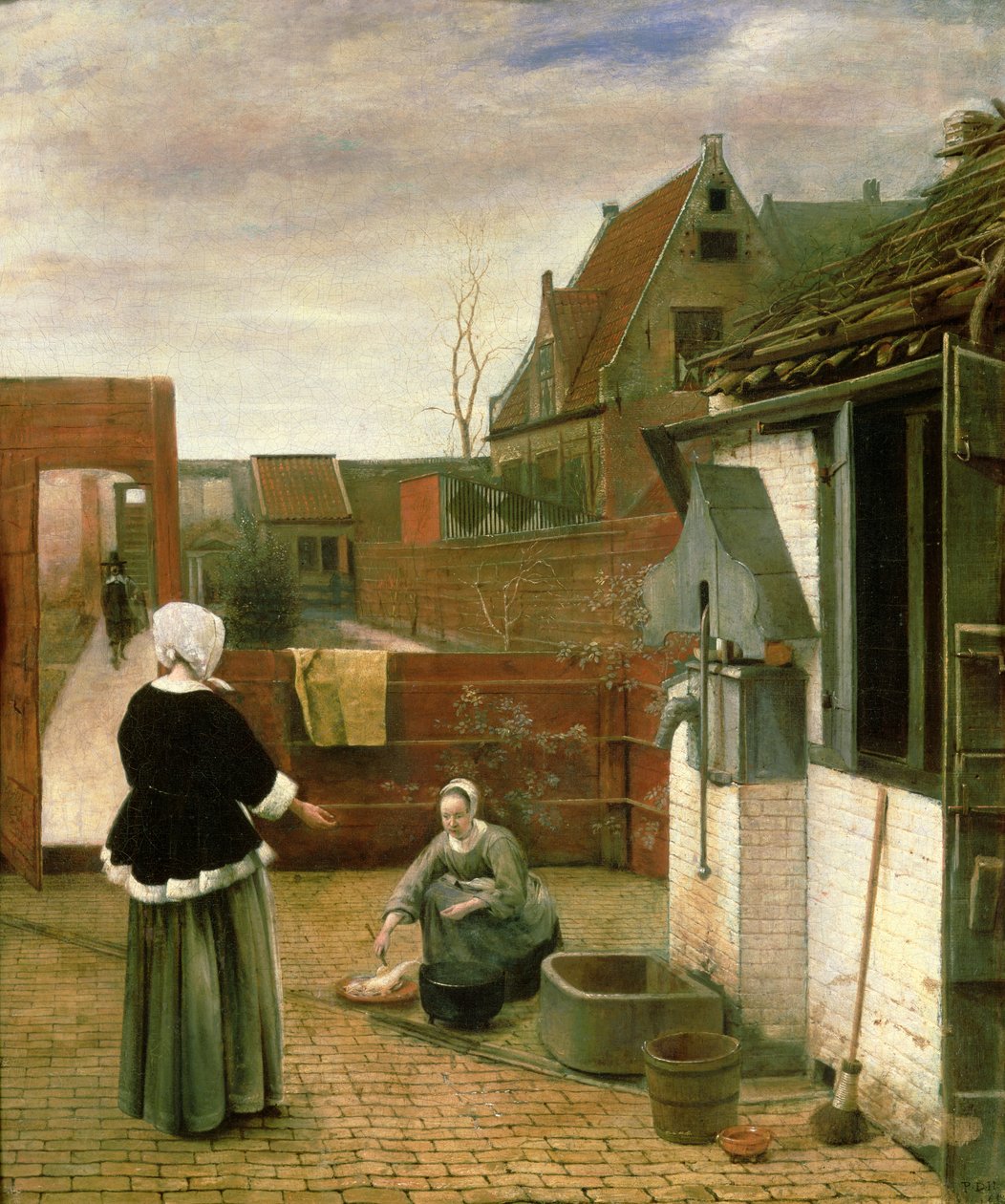 一个女人和一个女仆在庭院里，c.1660-61 作者 彼得·霍克（Pieter de Hooch）