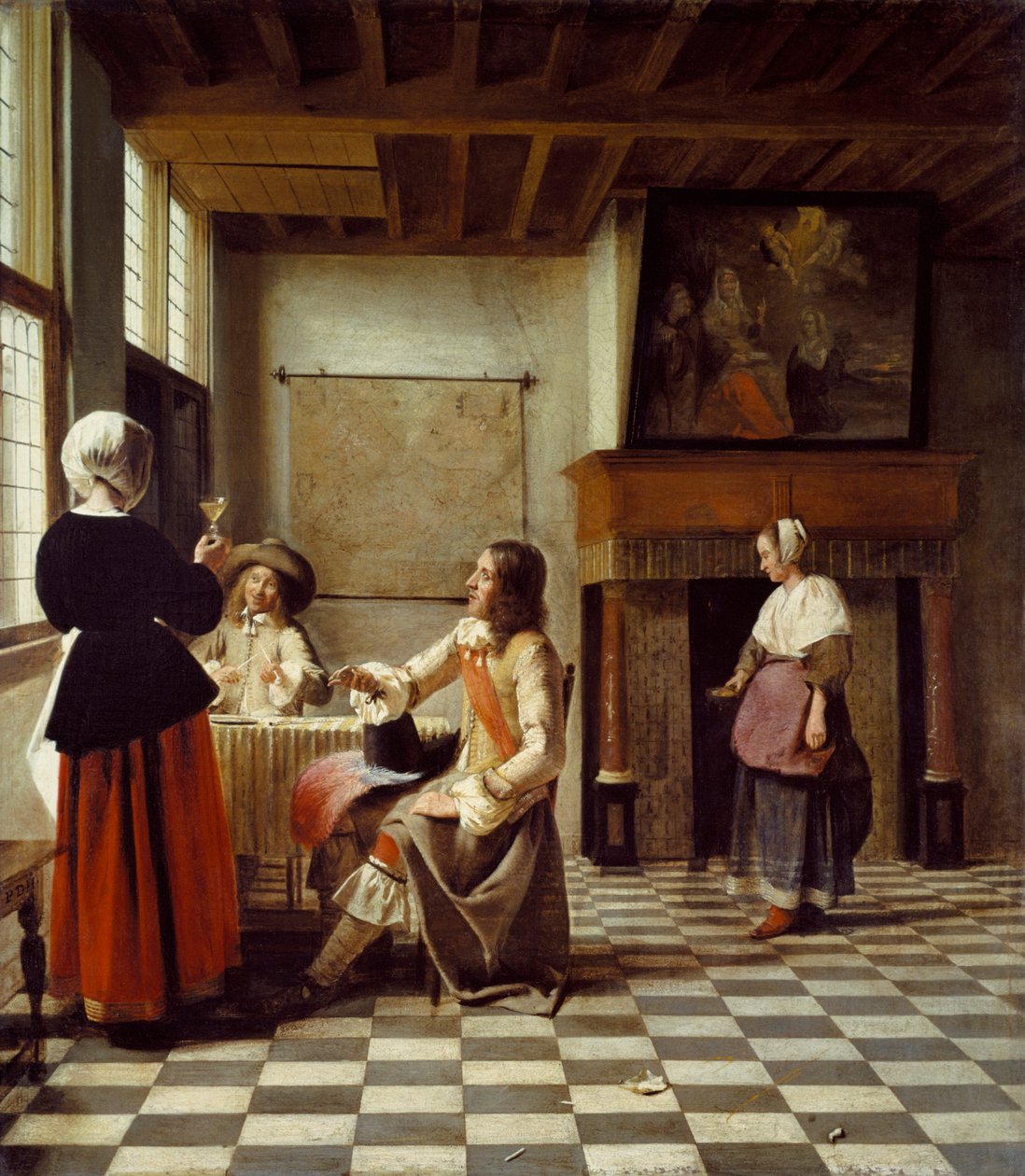 内部，一个女人和两个男人一起喝酒，一个女仆 作者 彼得·霍克（Pieter de Hooch）
