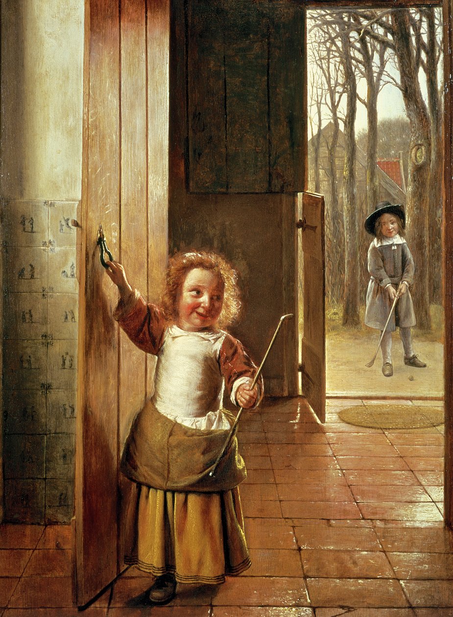 带有&39;高尔夫球棒&39;的门口的孩子，c.1658-60 作者 彼得·霍克（Pieter de Hooch）