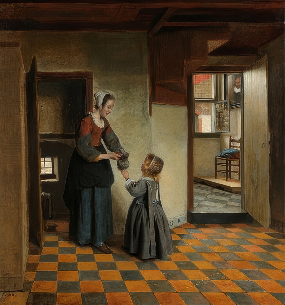 有一个孩子的妇女在餐具室。约于1656-60年 作者 彼得·霍克（Pieter de Hooch）
