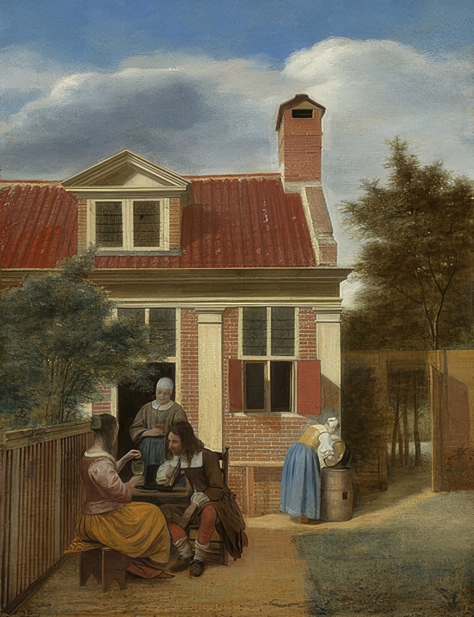 公司在房子后面的院子里。约于1663-65年 作者 彼得·霍克（Pieter de Hooch）