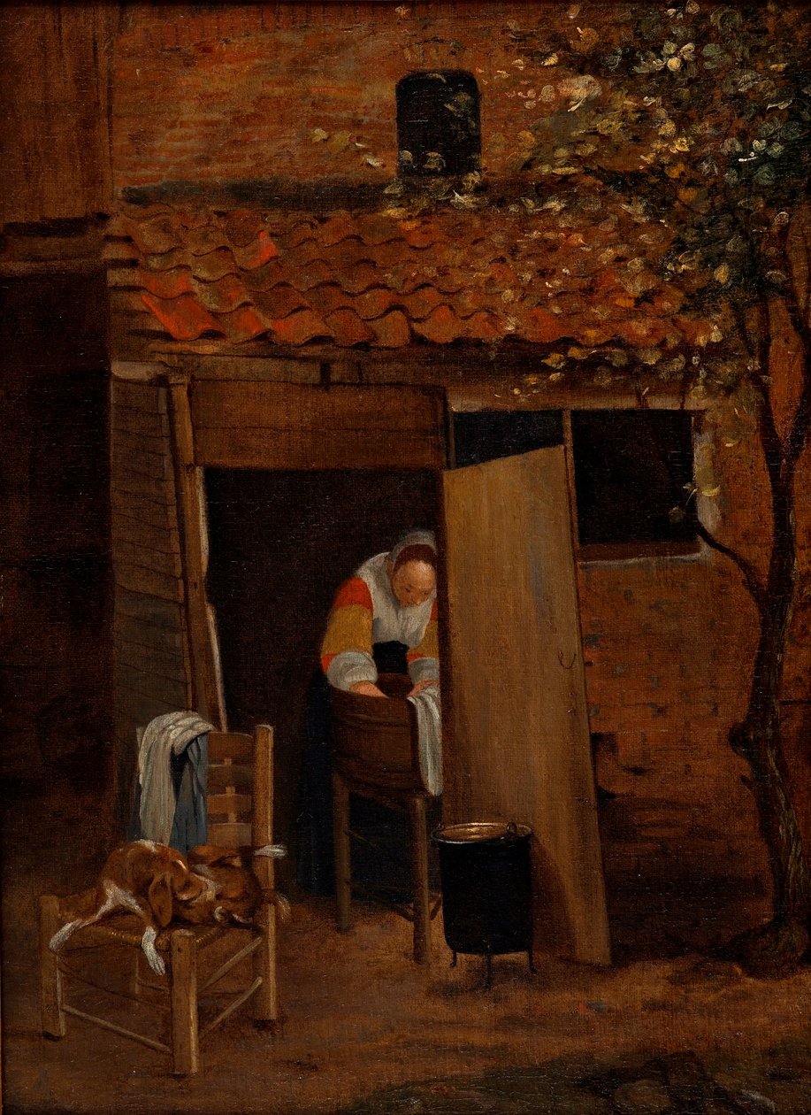 兹沃勒庭院中洗衣的女孩，1653 年以后（布面油画） 作者 彼得·霍克（Pieter de Hooch）
