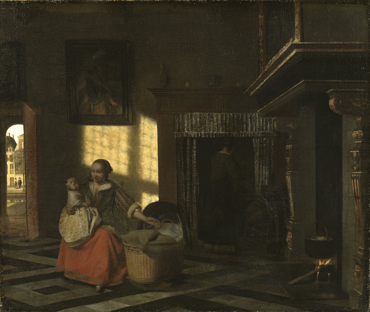 Hooch, Pieter, de (1629-1684) 的内部与靠近摇篮的母亲。 布面油画，约 1665 年。尺寸：54x65 厘米。 斯德哥尔摩国家博物馆 作者 彼得·霍克（Pieter de Hooch）