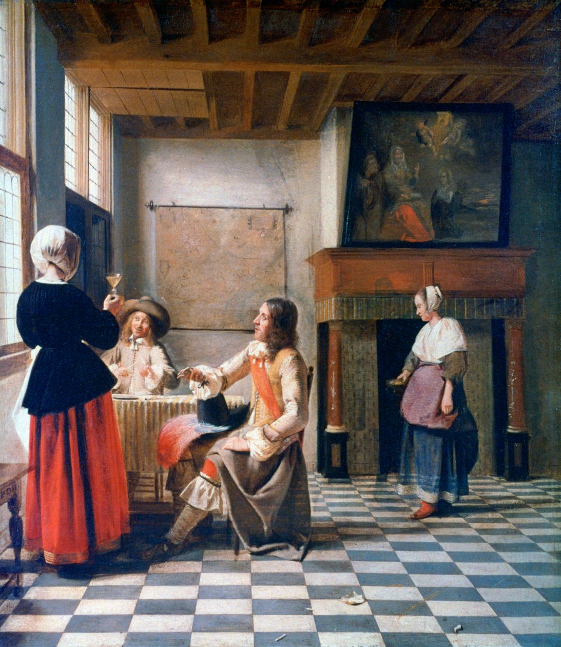 内部，与两个男人和一个女仆一起喝酒的女人，c1658 作者 彼得·霍克（Pieter de Hooch）