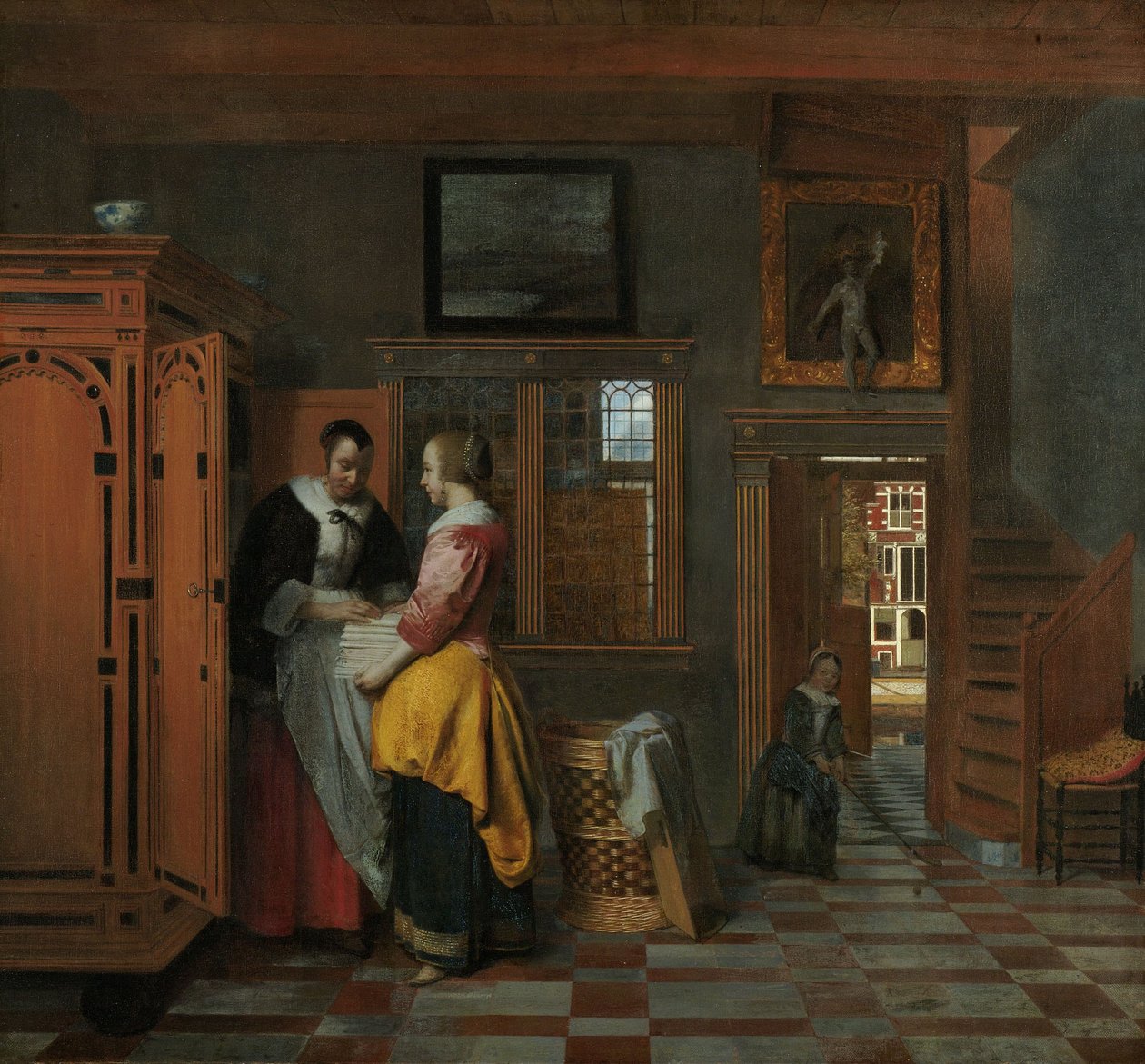 内部与妇女在亚麻碗柜旁边，1663年 作者 彼得·霍克（Pieter de Hooch）