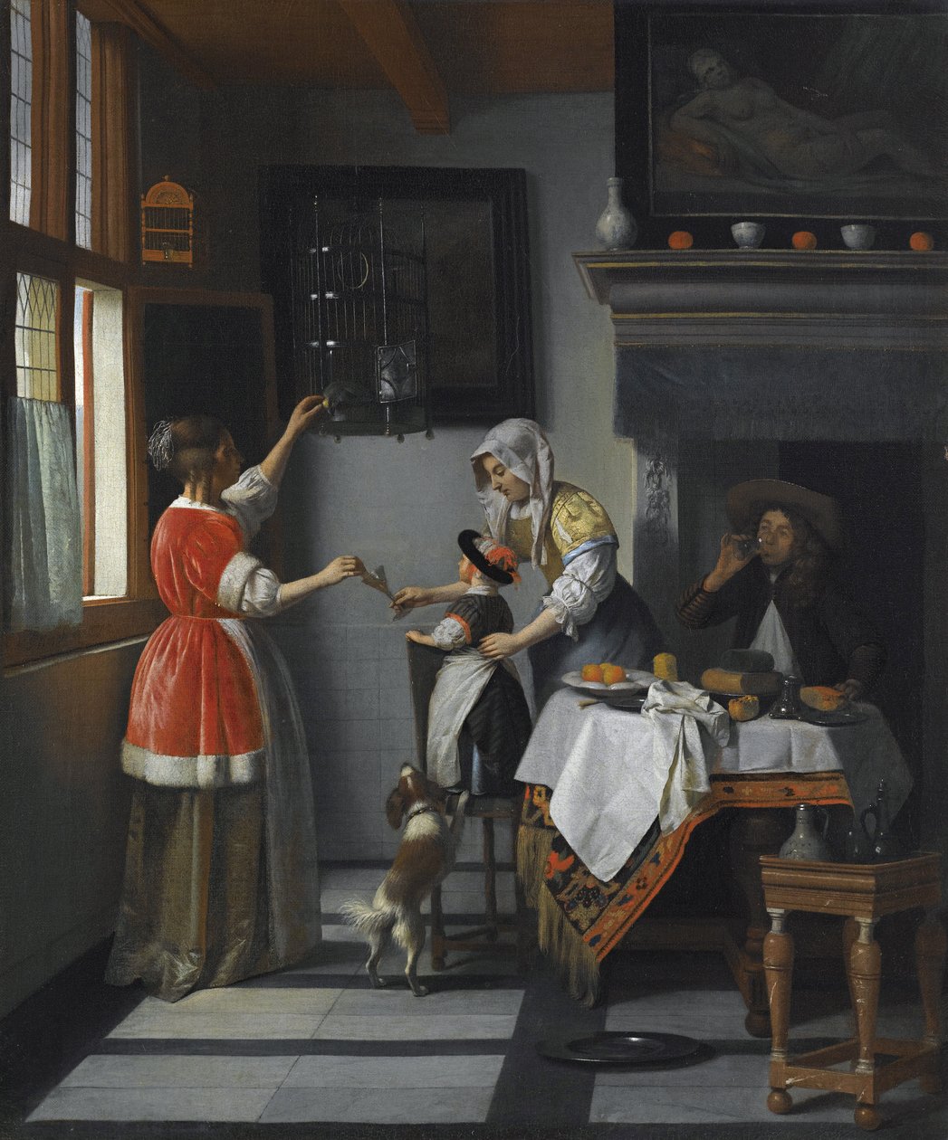 内政部与一个孩子喂鹦鹉par Hooch，彼得，德 作者 彼得·霍克（Pieter de Hooch）