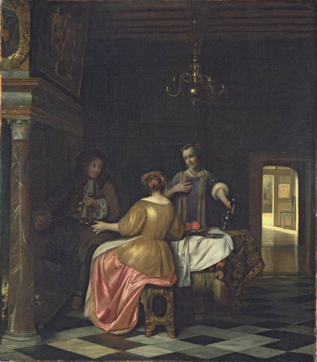 室内有一位绅士和两位女士交谈，c.1668-70（布面油画） 作者 彼得·霍克（Pieter de Hooch）