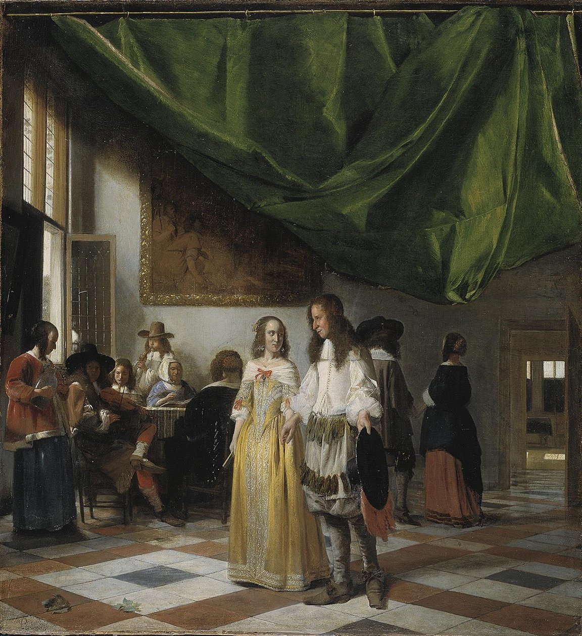 室内有一对年轻夫妇和正在演奏音乐的人们 作者 彼得·霍克（Pieter de Hooch）