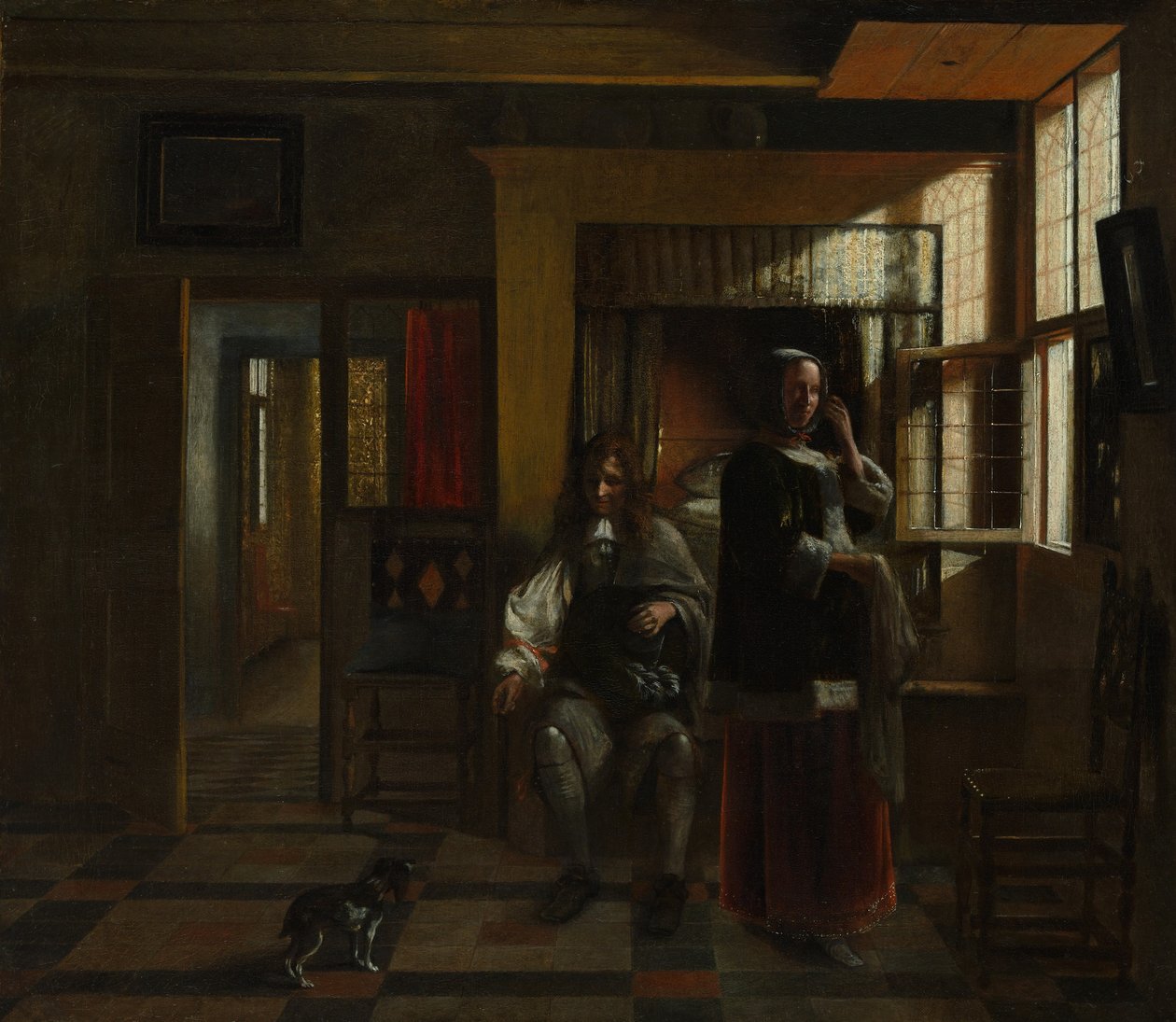 与一对年轻夫妇的内部，可能大约。 1662-65。 作者 彼得·霍克（Pieter de Hooch）