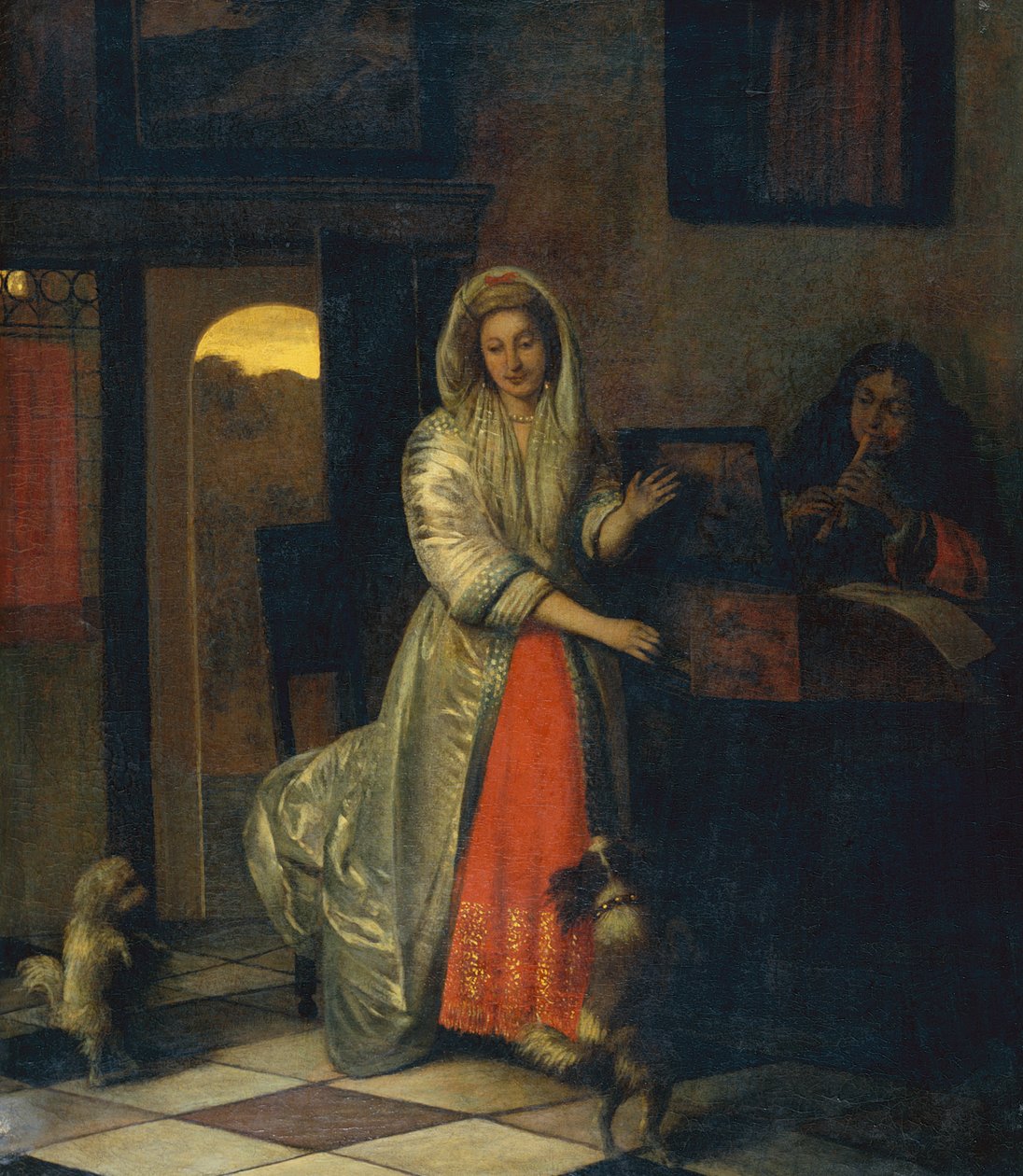 女士和男士与跳舞的狗一起做音乐 作者 彼得·霍克（Pieter de Hooch）