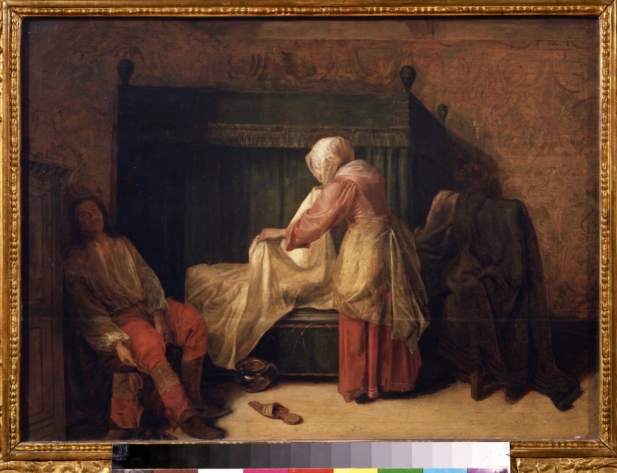 "Le lever du jeune homme"（《年轻人的早晨》）一个年轻人正准备起床，女仆正在整理床铺。地板上放着一只拖鞋和一个便壶。画家：彼得-德-胡赫（1629-1684 年），1655-1657 年 莫斯科普希金博物馆 作者 彼得·霍克（Pieter de Hooch）