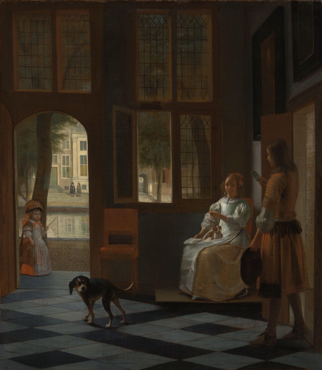 男子在房屋入口大厅将一封信交给一名女子 作者 彼得·霍克（Pieter de Hooch）