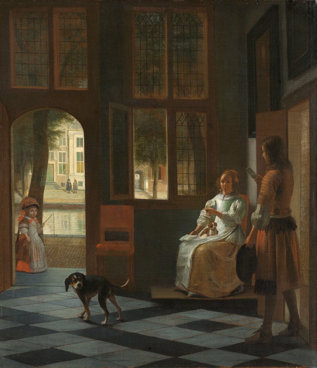 男人在1670年的房子的入口大厅里给一个女人的一封信 作者 彼得·霍克（Pieter de Hooch）