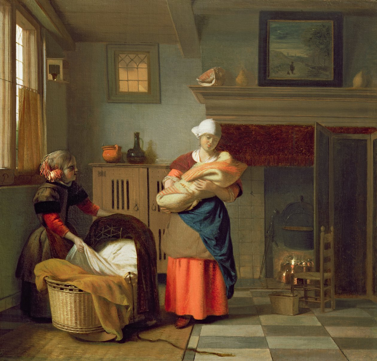 与婴孩的Nursemaid内部和准备摇篮的一个女孩 作者 彼得·霍克（Pieter de Hooch）