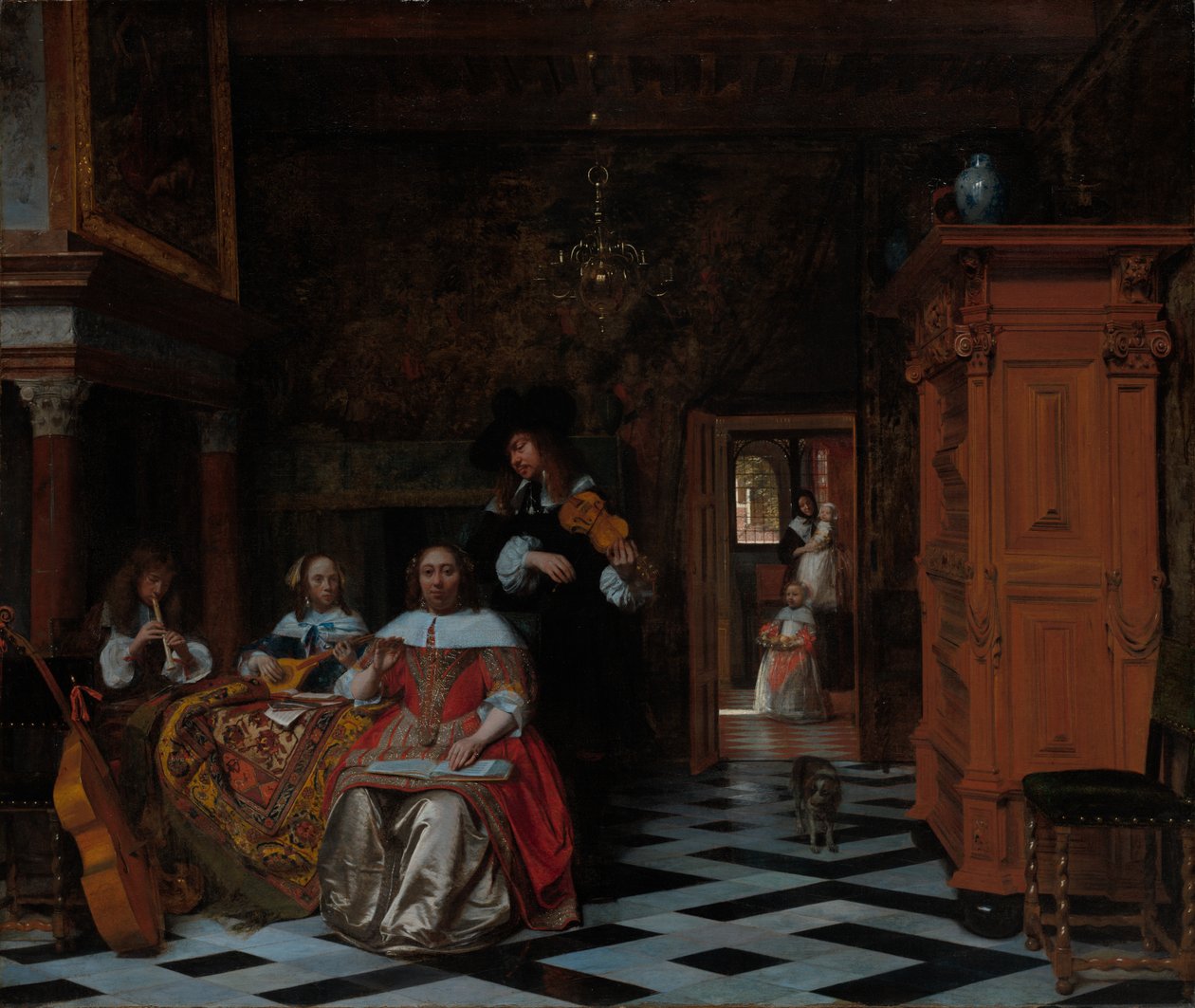 演奏音乐的家庭肖像，1663年。 作者 彼得·霍克（Pieter de Hooch）