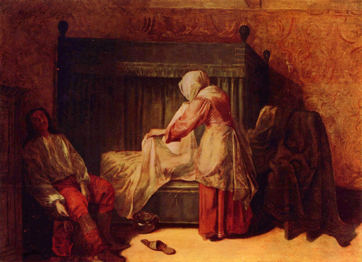 拉靴子的士兵和铺床的女人 作者 彼得·霍克（Pieter de Hooch）