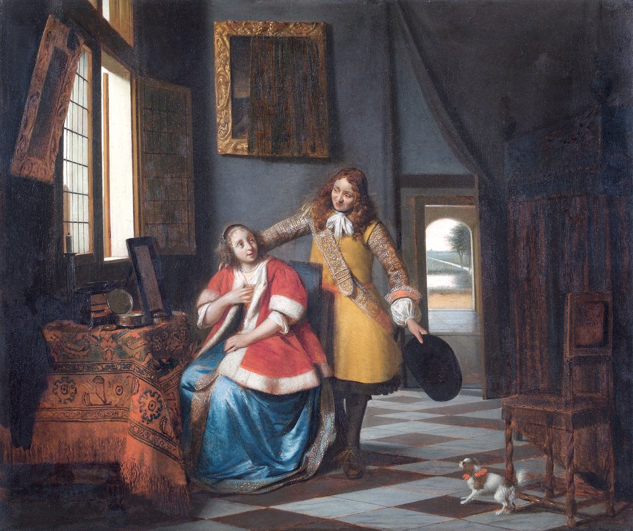 入侵者：一位女士在厕所里，被她的情人惊讶了 作者 彼得·霍克（Pieter de Hooch）