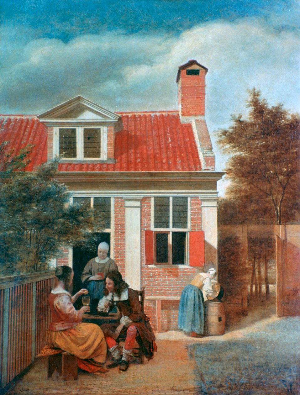三个女人和一个男人在房子后面的院子里，c1657-1659 作者 彼得·霍克（Pieter de Hooch）