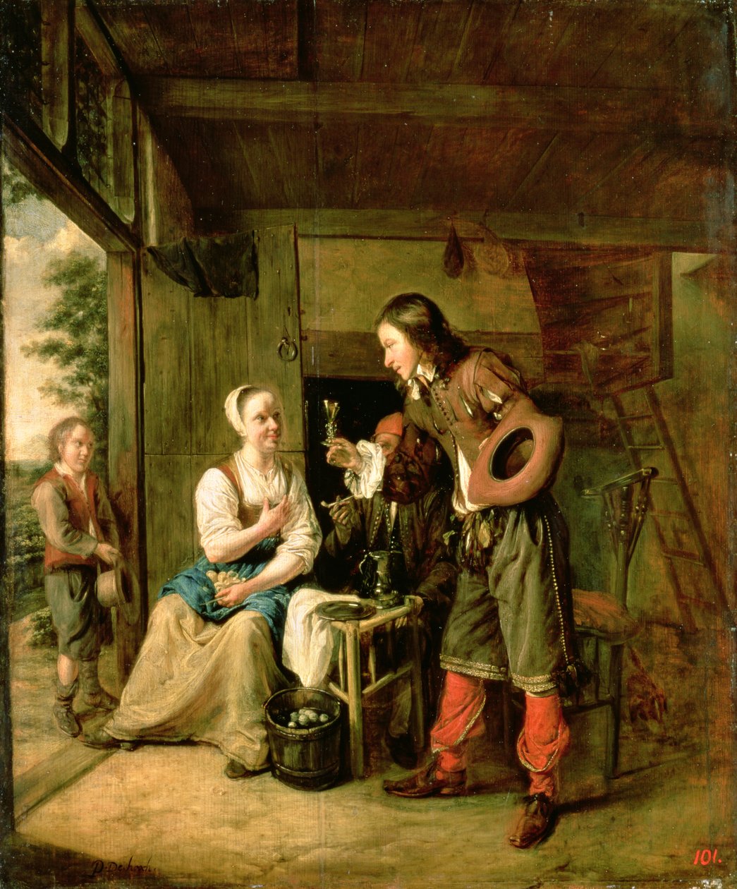 战士与仆人，1653年 作者 彼得·霍克（Pieter de Hooch）
