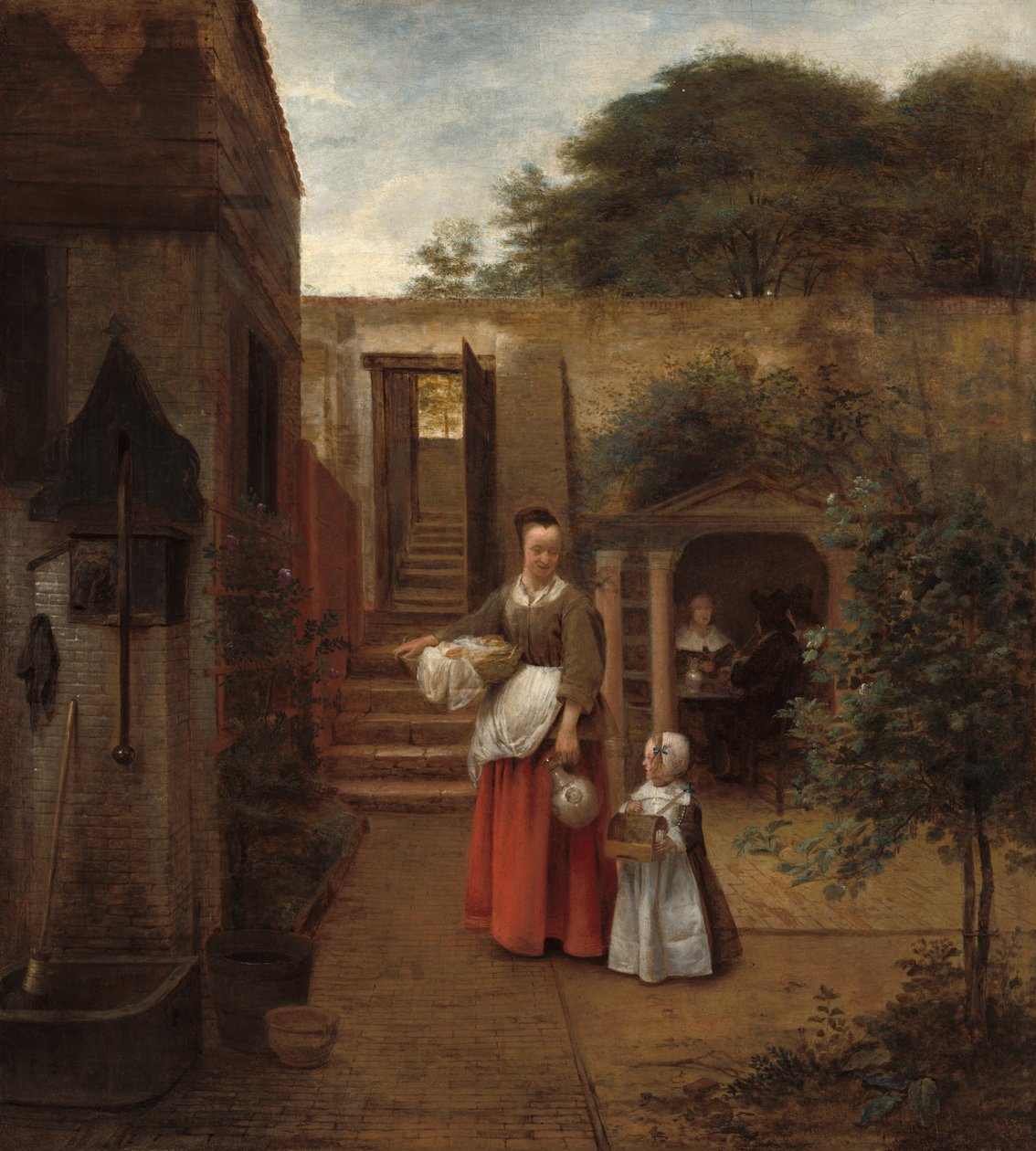 院子里的女人和孩子 作者 彼得·霍克（Pieter de Hooch）