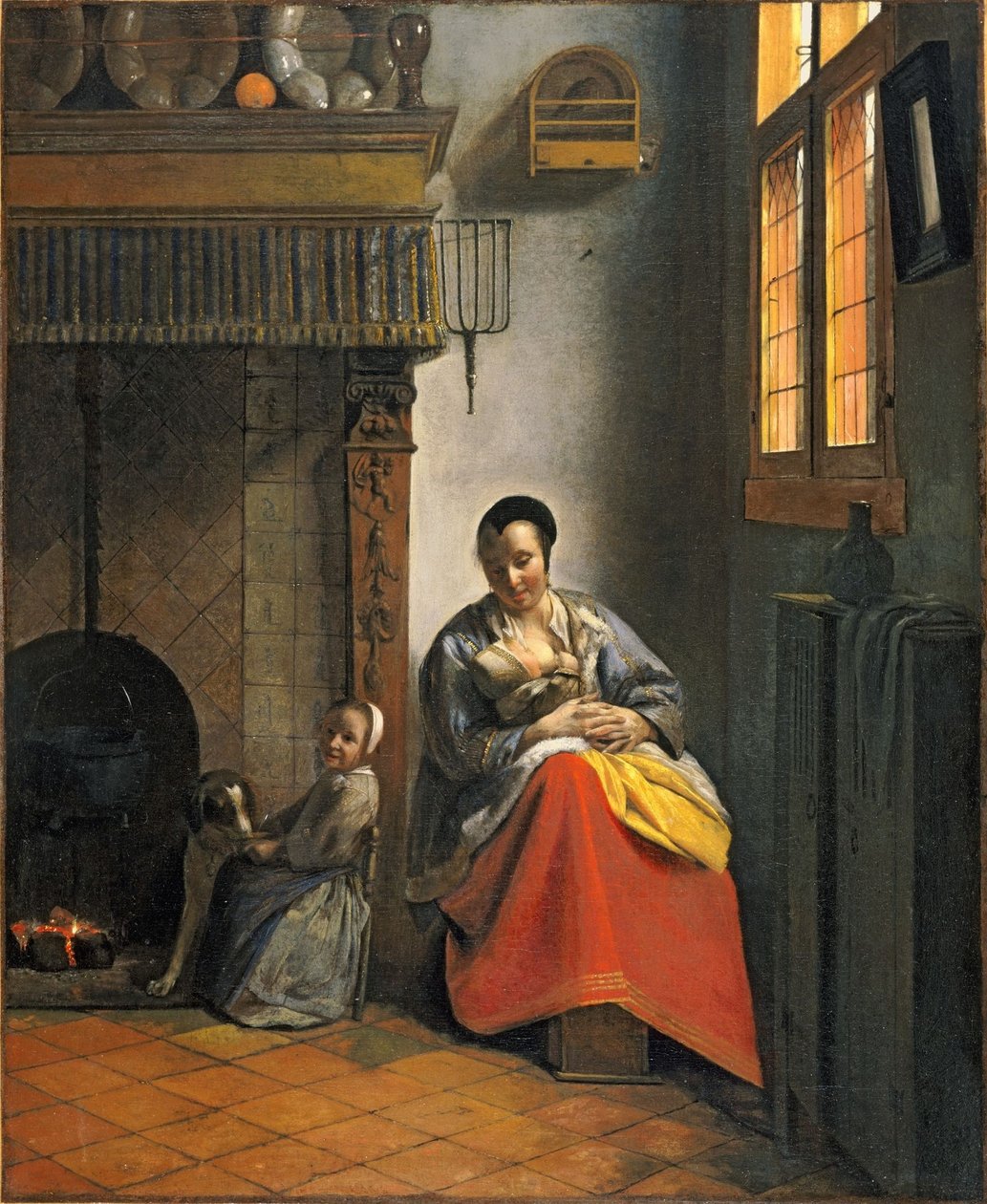 哺育婴儿的妇女，带着一个孩子和一只狗 作者 彼得·霍克（Pieter de Hooch）