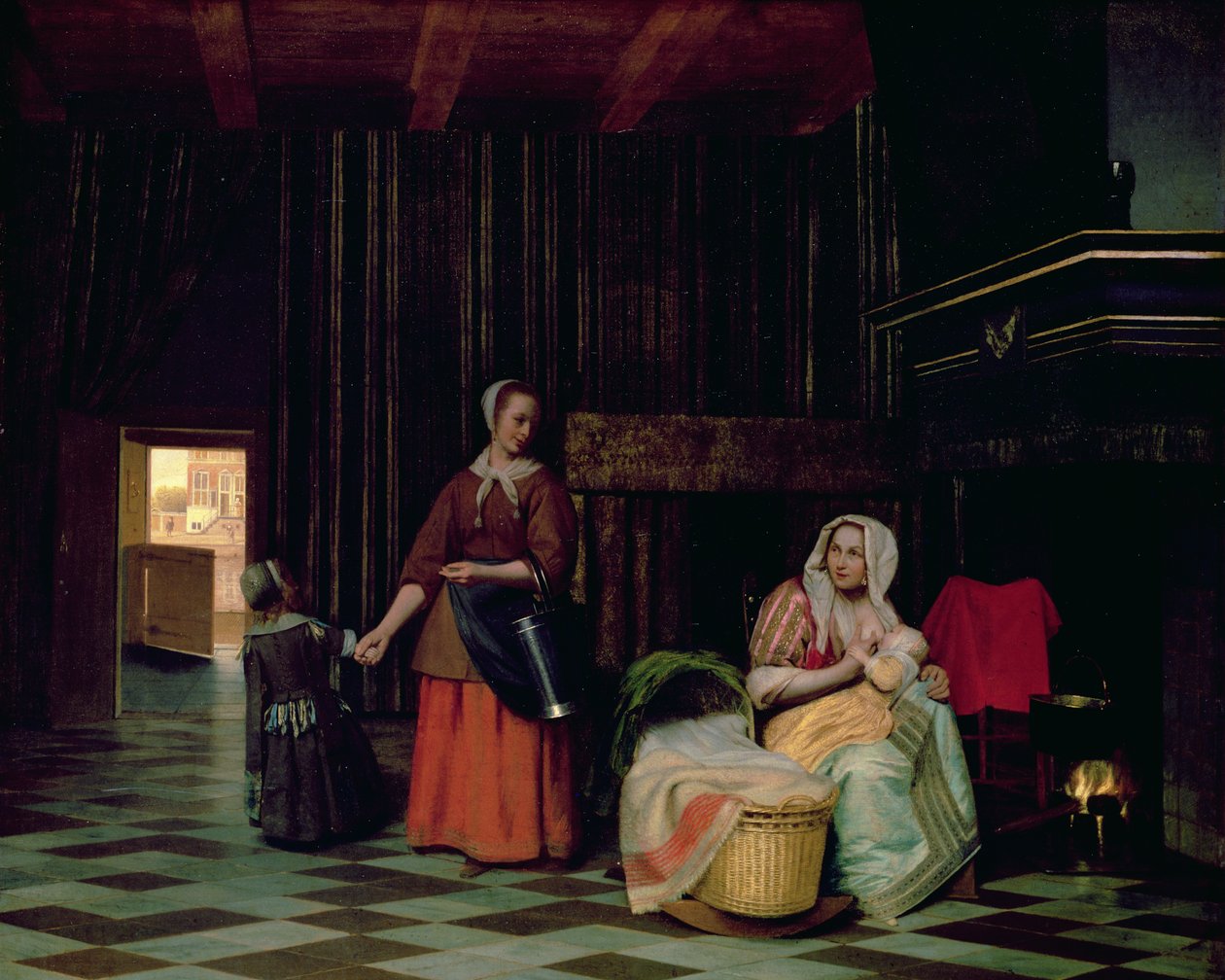 有婴儿的妇女，有孩子的服务佣人 作者 彼得·霍克（Pieter de Hooch）