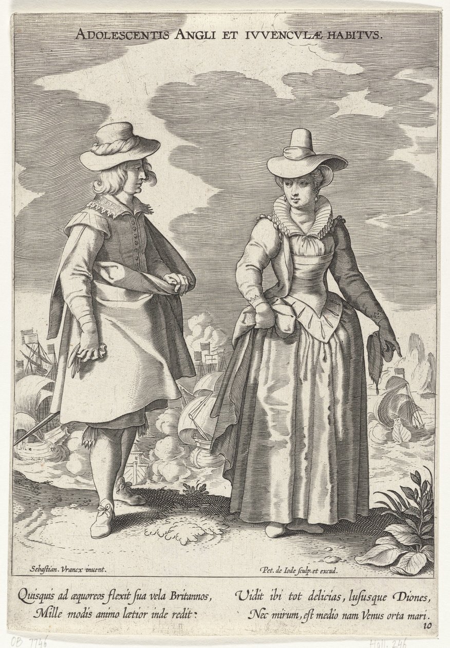 按照英国时尚打扮的情侣，约 1610 年
Adolescentis Angli et Ivvenclvae Habitvs（物品上的标题）
各国服饰（系列名称）
Variarum Gentium Ornatus（系列标题） 作者 彼得·德·乔德 (I)