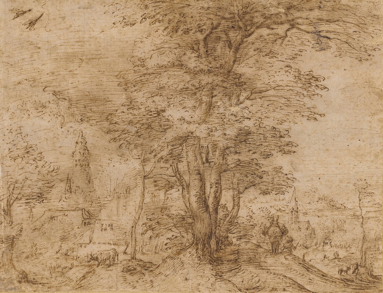 大约有树木和a子的村庄，约1552-54年 作者 彼得·布鲁格（Pieter Bruegel）