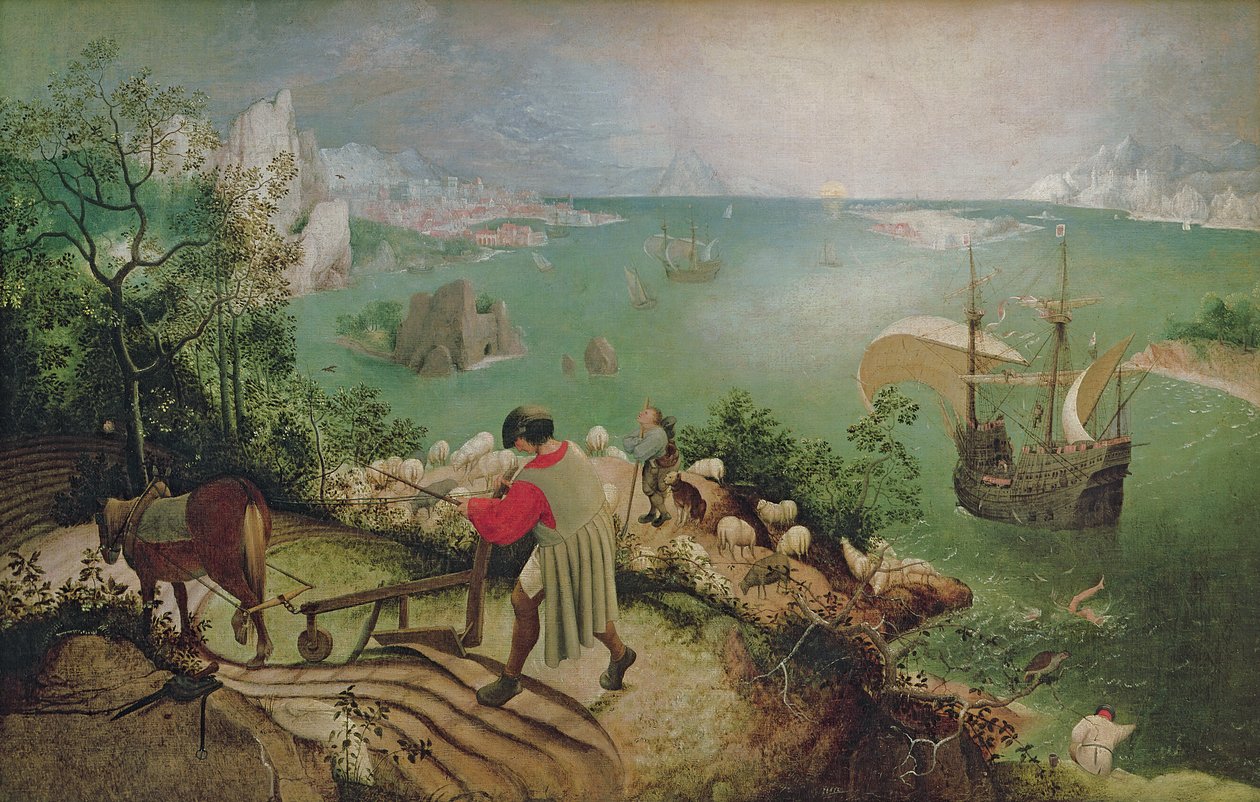 风景与伊卡洛斯陷落，约1558年（布面油画） 作者 彼得·布鲁格（Pieter Bruegel）