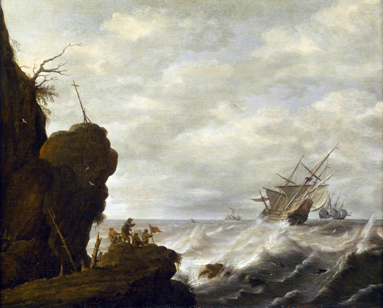 一艘荷兰船在岩石海岸外波涛汹涌的海上航行，约 1640 年（木板油画） 作者 彼得·穆利尔长老