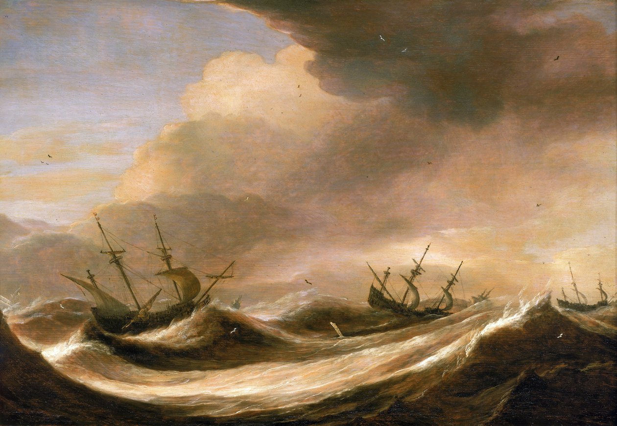 公海上逃离风暴的船只，风帆减弱，被巨浪摇晃。木板油画，约 1640 年，作者彼得-穆里尔（Pieter Mulier，1615-1670 年）。 作者 彼得·穆利尔长老