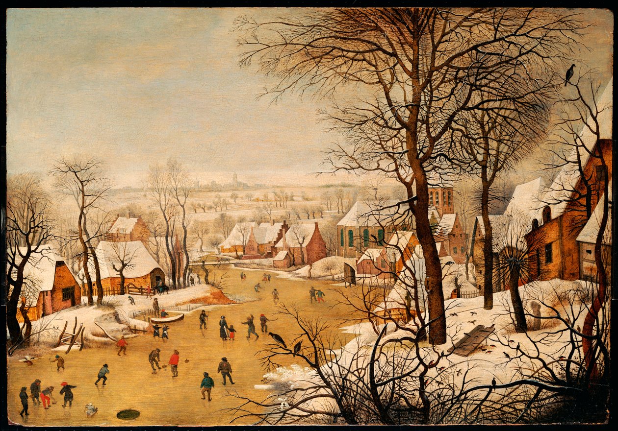 溜冰者与鸟陷阱的冬季风景 作者 彼得·布鲁格（Pieter Brueghel）