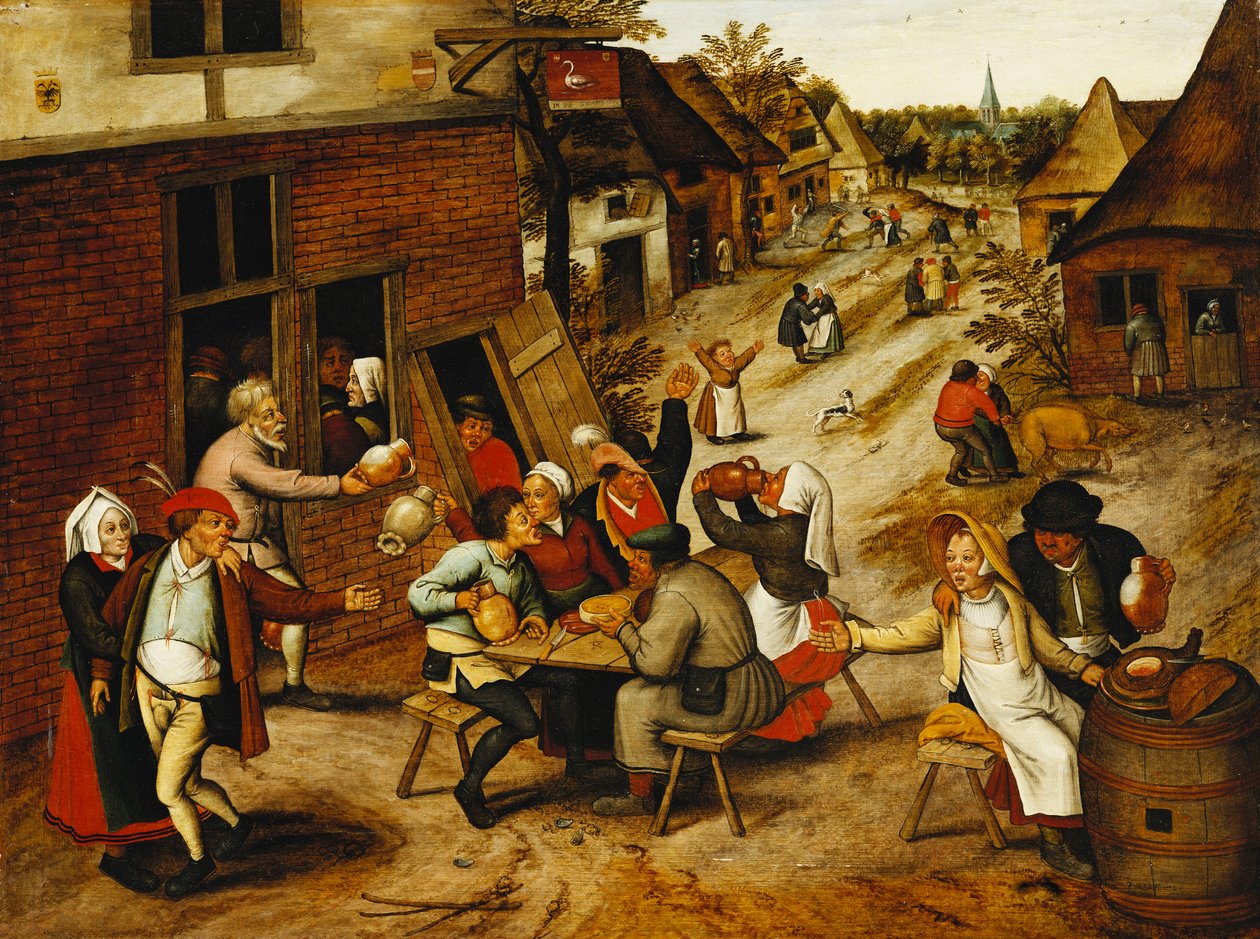 1630年，在村街上的天鹅旅馆外的农民欢乐 作者 彼得·布鲁格（Pieter Brueghel）