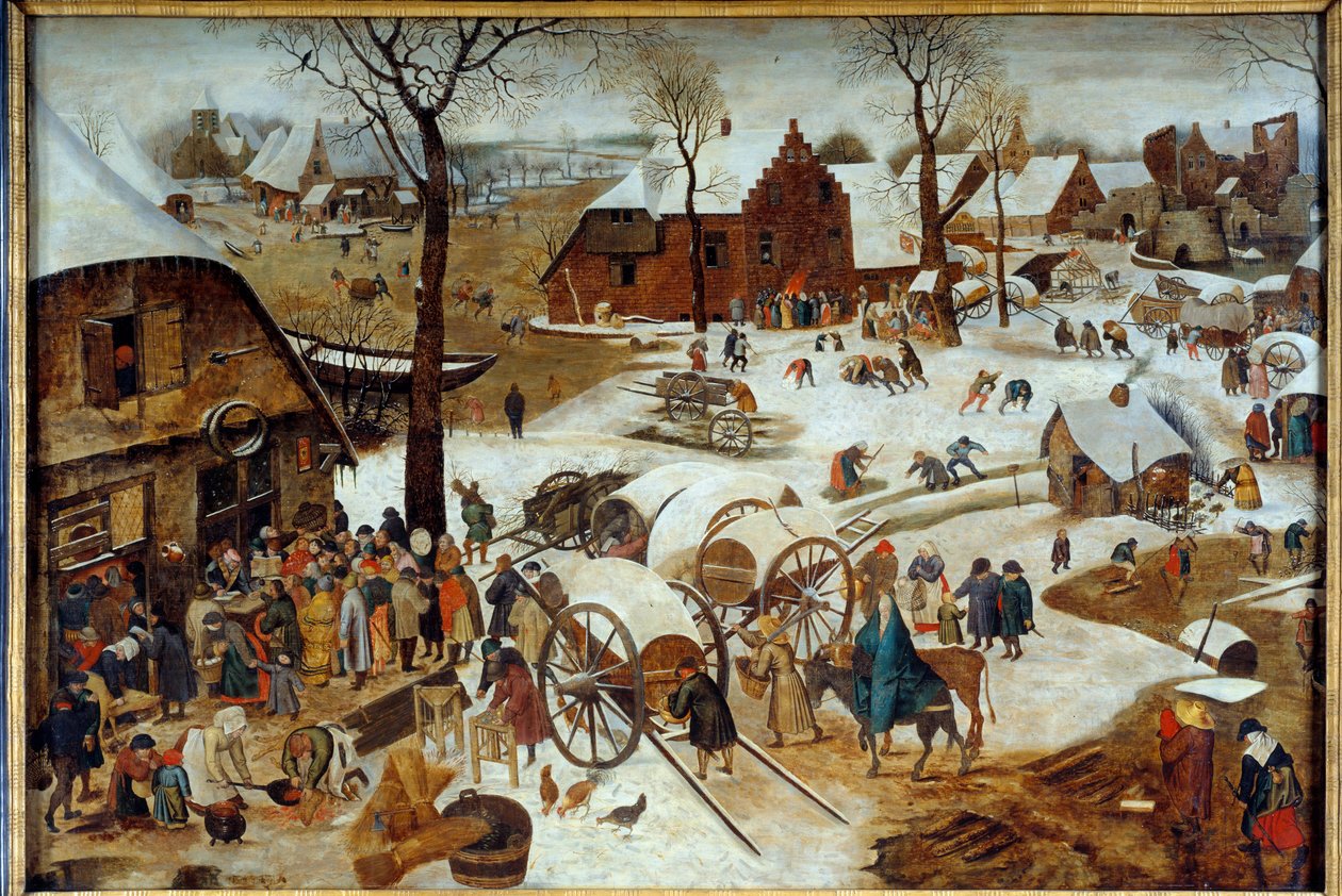The payment of the dime or the denombrement a Bethlehem Painting by Pieter the Jeune dit Brueghel d