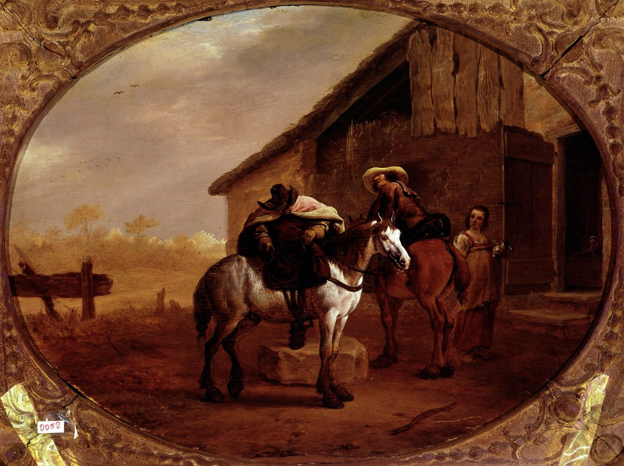 从酒店出发 两名骑士在一家客栈停留后骑上马匹。画家：Pieter Van Laer dit Bamboccio (BAmboche ou Bamboots) (1592/5-1642) (ec.holl.) 17世纪 太阳。32x43厘米 巴黎，卢浮宫博物馆 - 从客栈出发，由皮特 作者 彼得·范拉尔