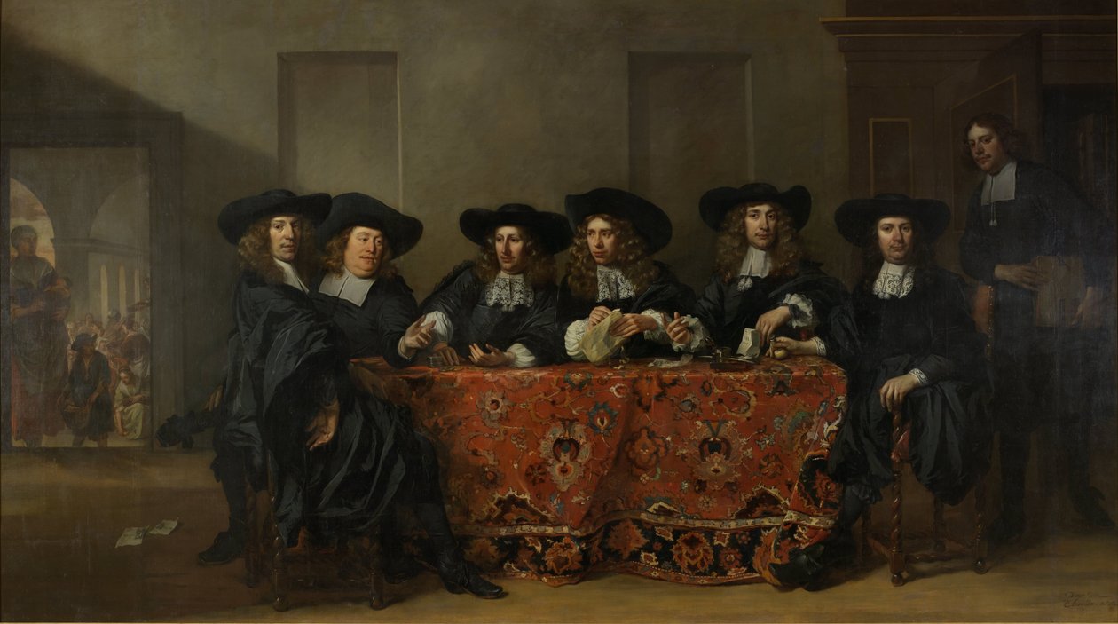 六位摄政王和 Oude Zijds 穷人户外救济研究所的院长，阿姆斯特丹，1675 年 作者 彼得·范·安雷特