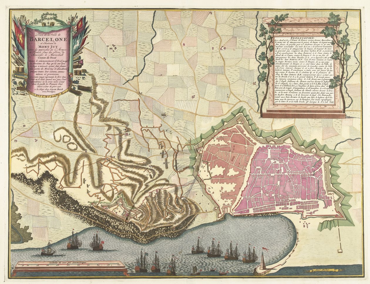 巴塞罗那城市地图，1706 年
巴塞罗那城和朱伊山城堡以及法国军队入口的平面图（......）（标题标在实物上） 作者 彼得·范·考尔 (II)