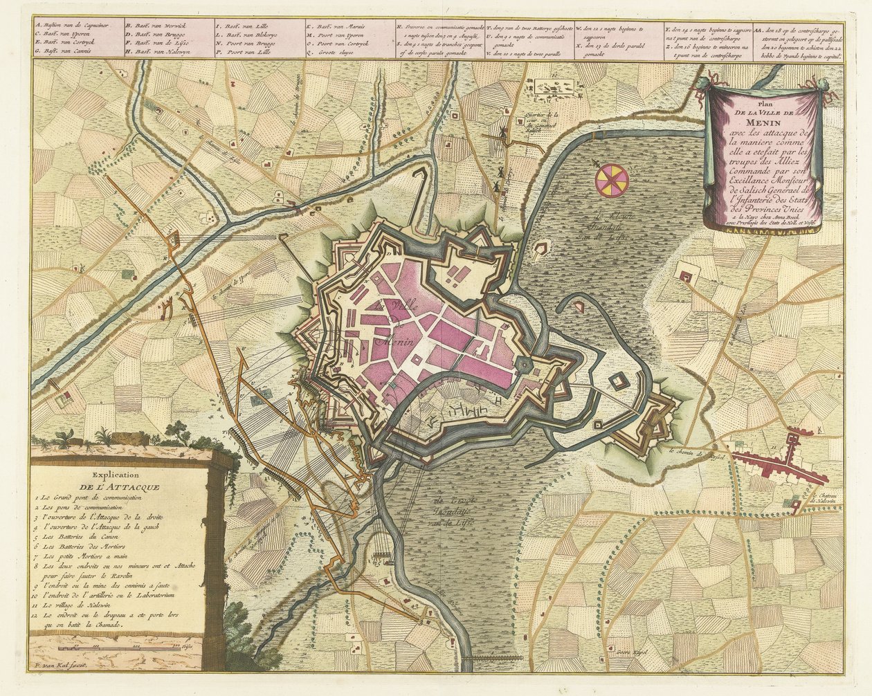Kaart van het beleg van Menen, 1706
Plan de la Ville de Menin avec les attacque (...) par les troups des Alliez (...).(物品上的标题） 作者 彼得·范·考尔 (II)