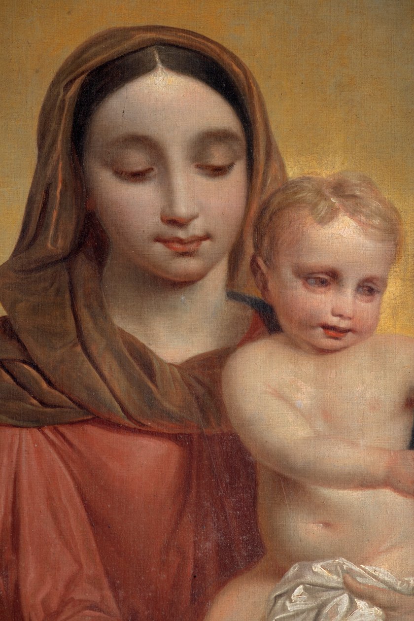 内景，P. Van Hanselaere 创作的主祭坛上的祭坛画 "圣母与拿着玫瑰经的孩子"（Our Lady with Child with Rosary）。 作者 彼得·汉斯勒（Pieter van Hanselaere）