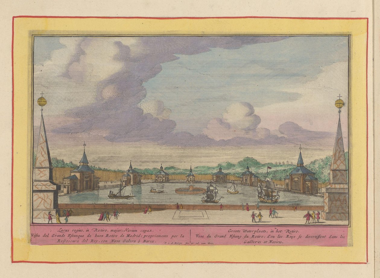 马德里 Palacio del Buen Retiro 花园里有船的大池塘 Groote Waterplaats，位于雷蒂罗（物体上的标题） 西班牙剧院 (...)（系列标题） 作者 彼得·范·登·伯格