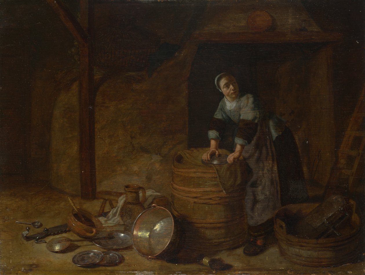 洗锅的女人c。 1650-1660年 作者 彼得·范·登·博世
