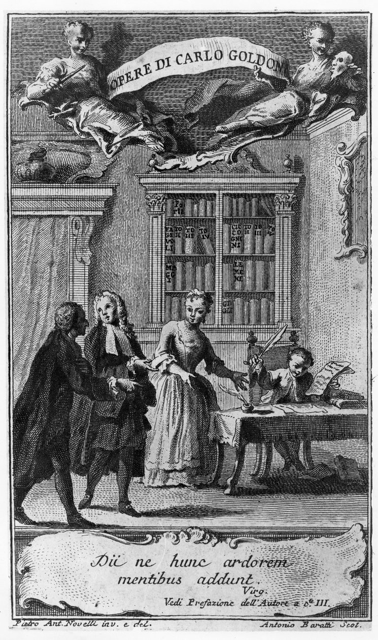 8岁的卡洛·戈尔多尼（Carlo Goldoni）在他的母亲和贝尔加马斯科（Abbot of Bergamasco）面前写了他的第一件作品，来自&39;Opere di Carlo Goldoni&39;，由Antonio Baratti雕刻，1761年 作者 彼得罗·诺维利