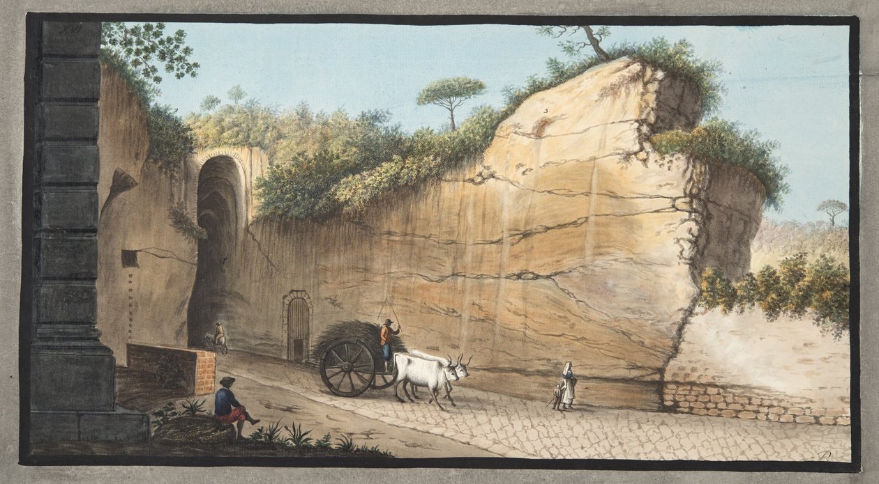 “威廉·汉密尔顿爵士”（1730-1803）于1776年出版的“Campi Phlegraei：对两个西西里火山的观测”的第十六板的Pausilipo Grotta入口（手工彩色雕刻） 作者 彼得罗·法布里斯（Pietro Fabris）