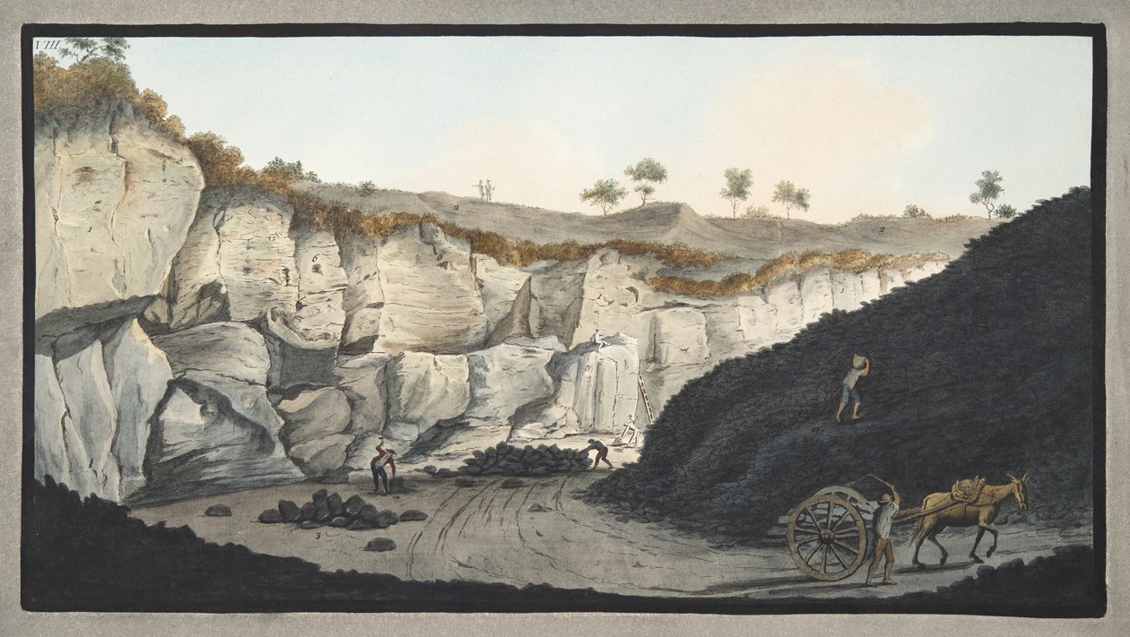 1631年在维苏威火山喷发期间发生的一层厚厚的熔岩层的发掘，来自“Campi Phlegraei：两个西西里火山上的观察”的第8块板块，由W爵士发掘 作者 彼得罗·法布里斯（Pietro Fabris）