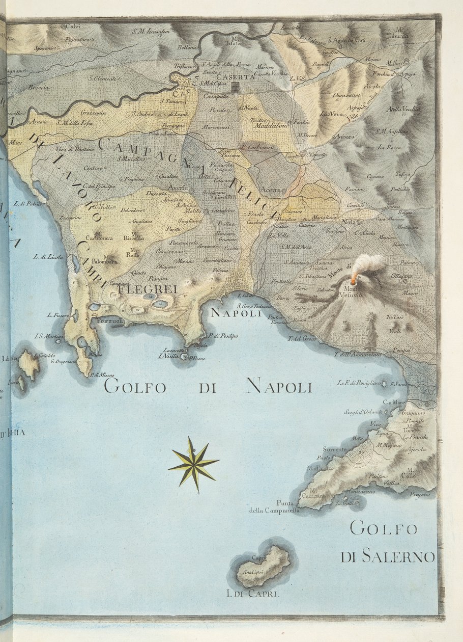 威廉·汉密尔顿爵士（1730-1803）于1776年出版的“Campi Phlegraei：两个西西里火山观测”的那不勒斯海湾及周边地区地图（手工彩色雕刻） 作者 彼得罗·法布里斯（Pietro Fabris）