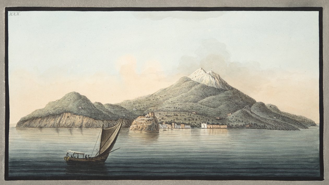 从威廉·汉密尔顿爵士（1730-1803）出版的“Campi Phlegraei：对两个西西里火山的观察”，来自大海的伊斯基亚岛的视图，1776年出版（手工彩色的工程师） 作者 彼得罗·法布里斯（Pietro Fabris）